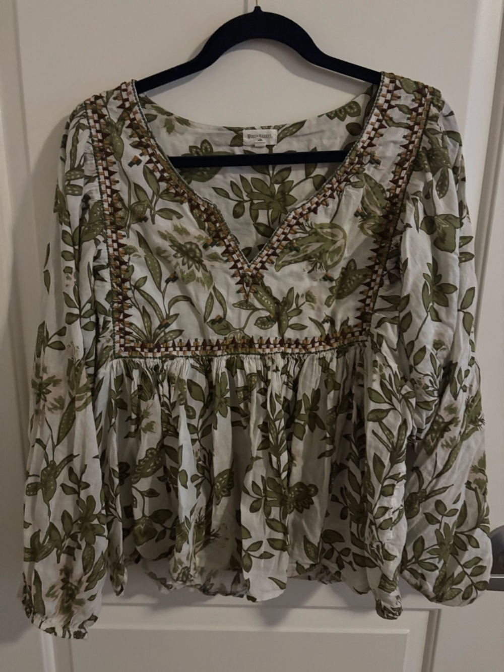World Market Olive Green Floral V-Neck Long Sleeve Blouse with Embroidery
